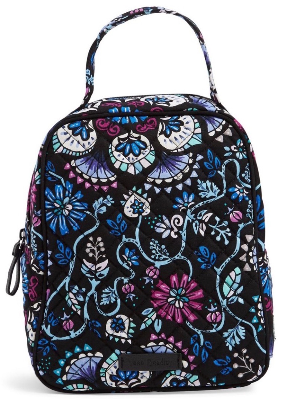 Quilted Floral Print Lunch Bag - Black with Blue & Purple Flowers